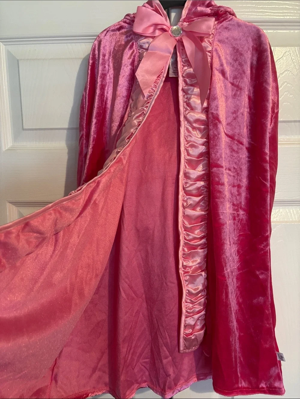 Girls Pink Velvet Hooded Cape with Satin Ruffle and Bow